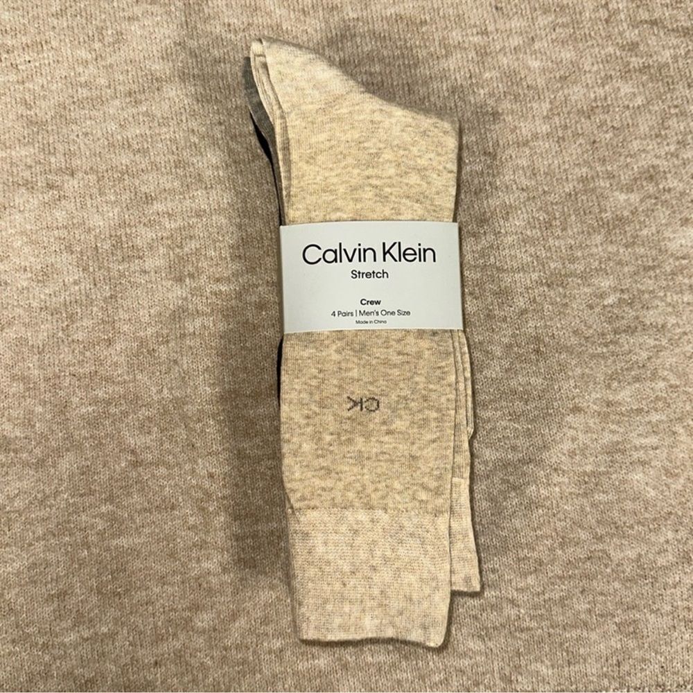 CK Men’s 4 pk Taupe Heather Brown Tan Black Ivory Cotton Blend Dress Crew Socks